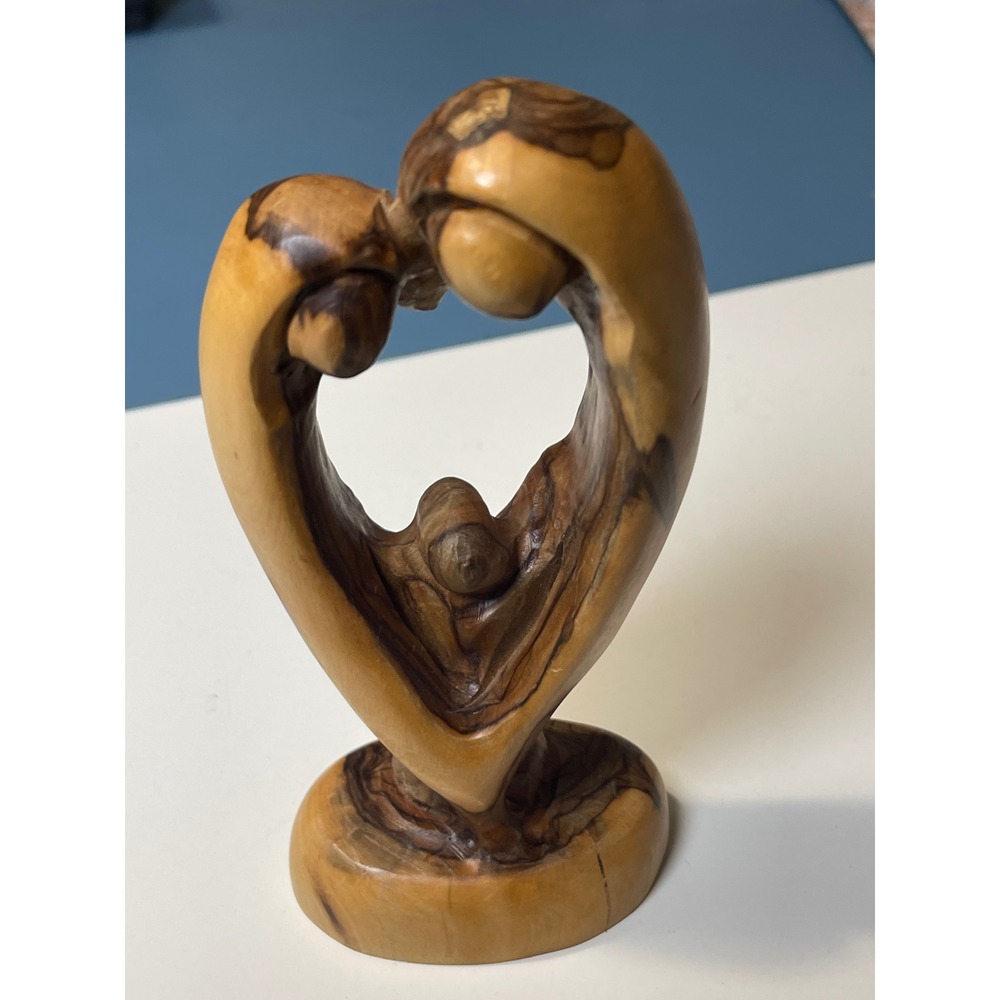 Hand Carved Olive Wood Holy Family Heart Sculpture Abstract Nativity Figurine 6"